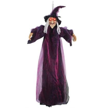 6-Foot Life-Size Animated Talking Purple Witch Halloween Decor with Sound Activation, Glowing Eyes, and Screeching Sounds for Indoor/Outdoor Use