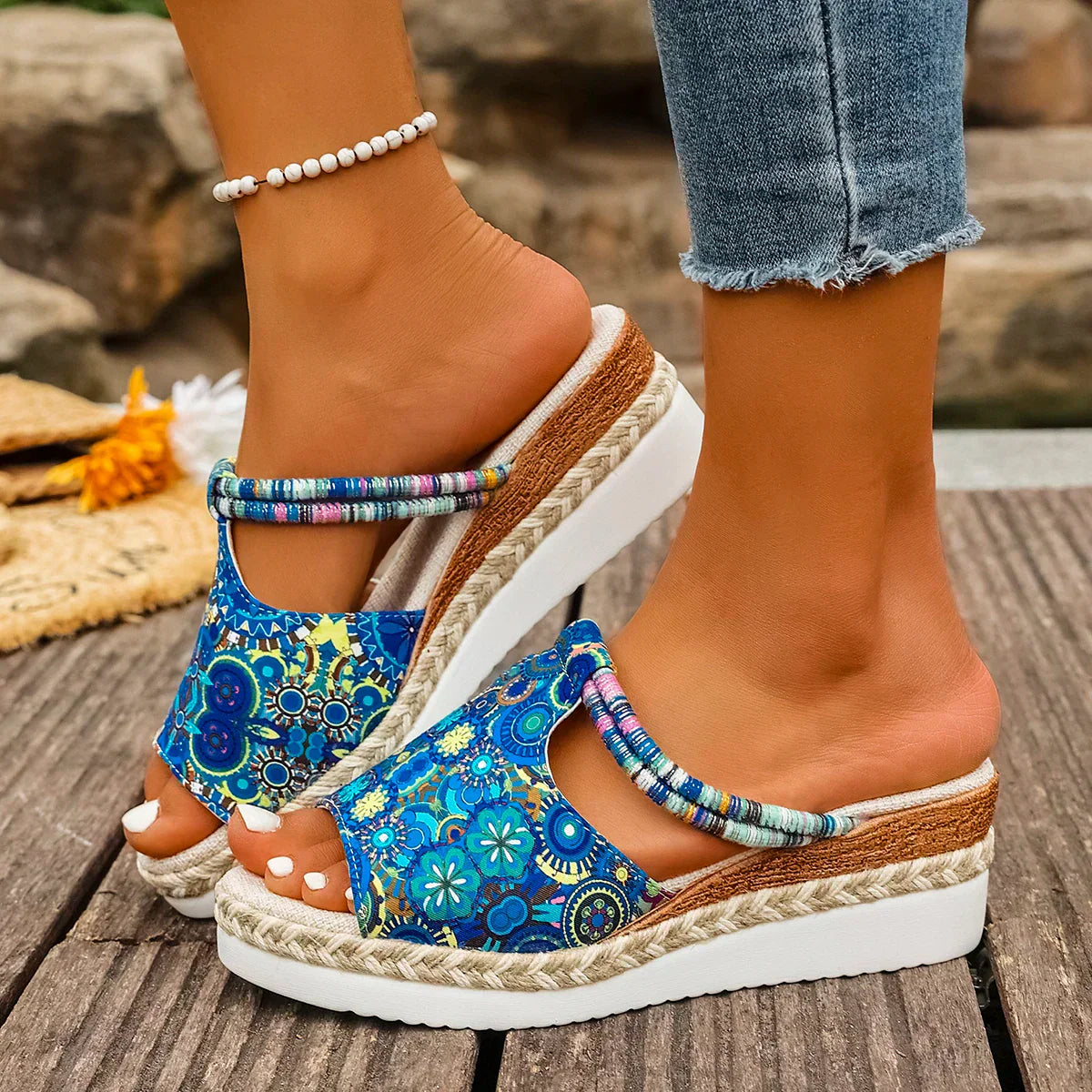 Janeiro Multicolor Adjustable Ankle Strap Wedge Heel Sandals