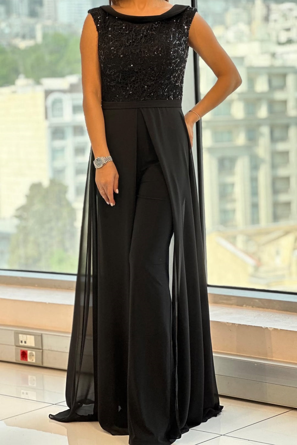 Black Crew-Neck Textured Panel Tulle Jumpsuit for Evening