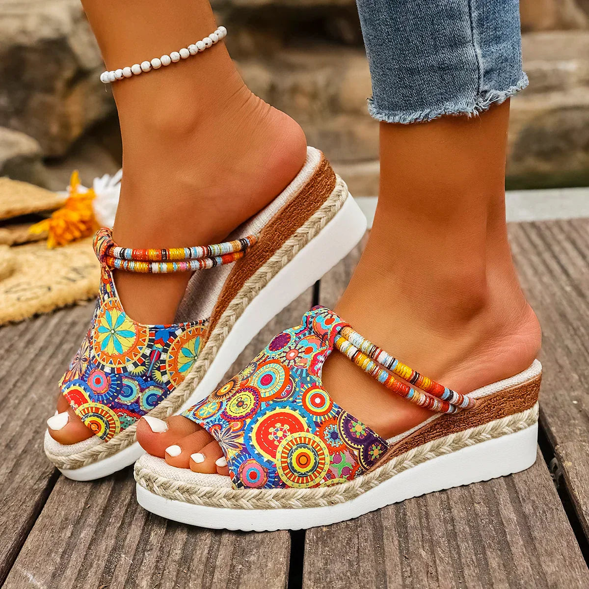 Janeiro Multicolor Adjustable Ankle Strap Wedge Heel Sandals