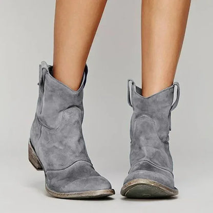 Jane Vintage Women's Cowboy Ankle Boots – Comfortable Low Heel PU Leather Slip-On