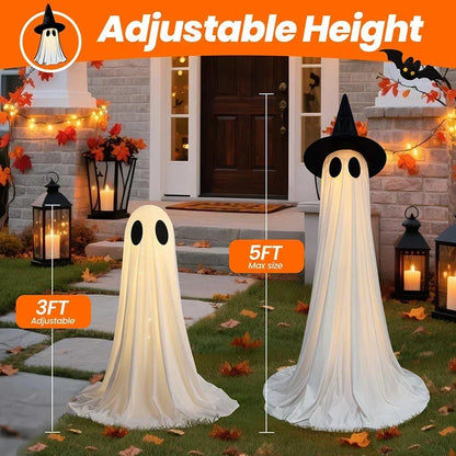 Eerie Glowing Ghost Halloween Yard Decoration with Witch Hats for Outdoor Display