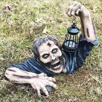 Zombie Garden Statue with Glowing LED Lantern for Spooky Halloween Yard, Patio, and Lawn Decor