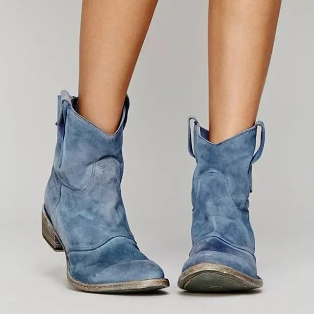 Jane Vintage Women's Cowboy Ankle Boots – Comfortable Low Heel PU Leather Slip-On