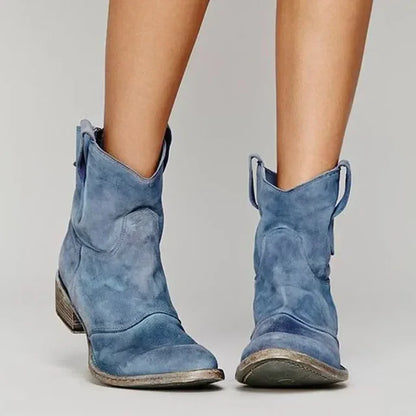 Jane Vintage Women's Cowboy Ankle Boots – Comfortable Low Heel PU Leather Slip-On