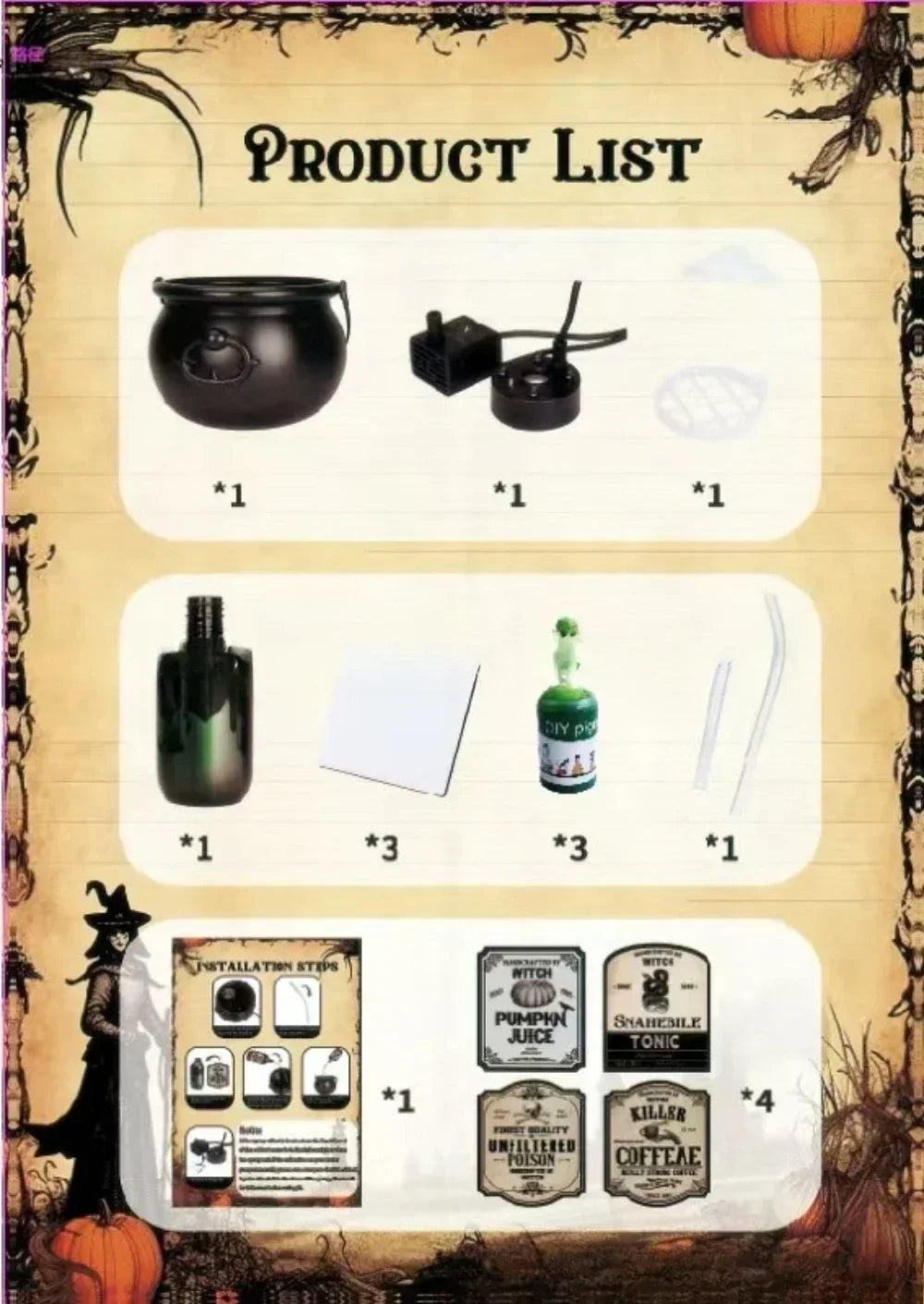 Halloween Witch Cauldron Fog Machine with Green LED Lighting for Haunted House Decorations