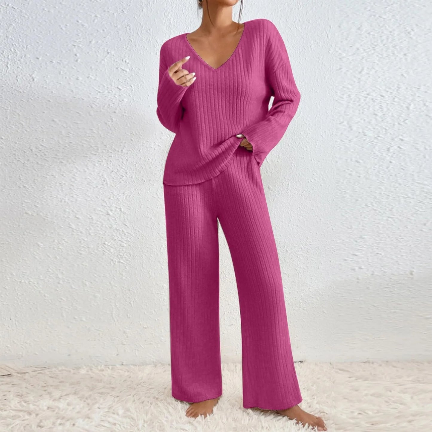 KATHY Ribbed Knitted 2-Piece Loungewear Set – Comfortable Sweater & Pants