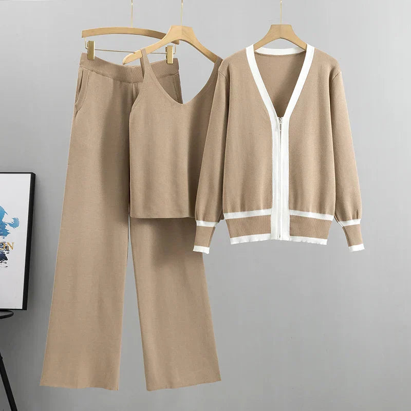 Elle Luxury Three-Piece Knit Set with Vest and Cardigan