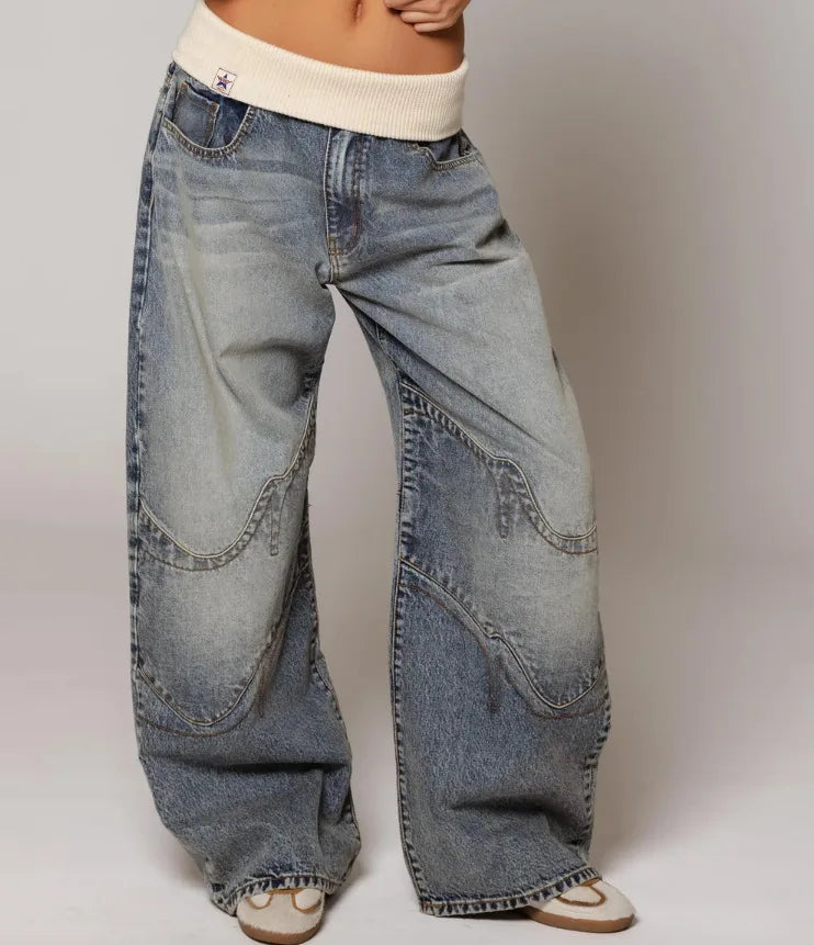 Jean baggy large taille haute style Y2K délavé clair avec ceinture côtelée
