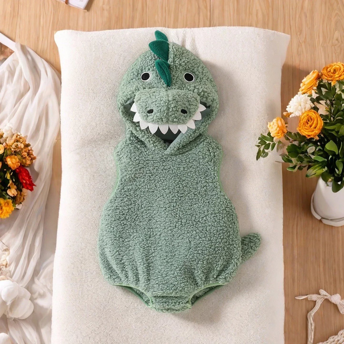 Plush Baby Dinosaur Halloween Costume Romper with Hood Sleeveless Design for Kids' Festive Fun