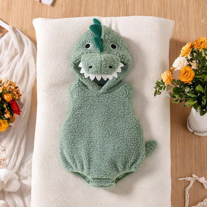 Plush Baby Dinosaur Halloween Costume Romper with Hood Sleeveless Design for Kids' Festive Fun
