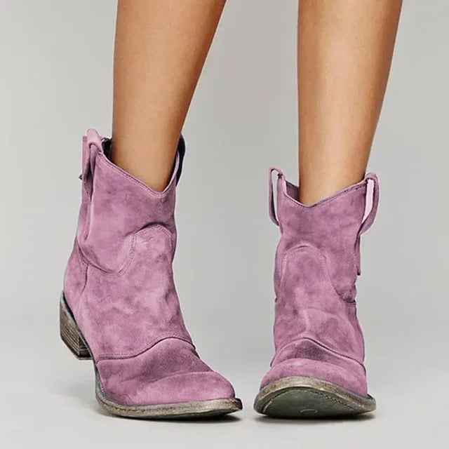 Jane Vintage Women's Cowboy Ankle Boots – Comfortable Low Heel PU Leather Slip-On
