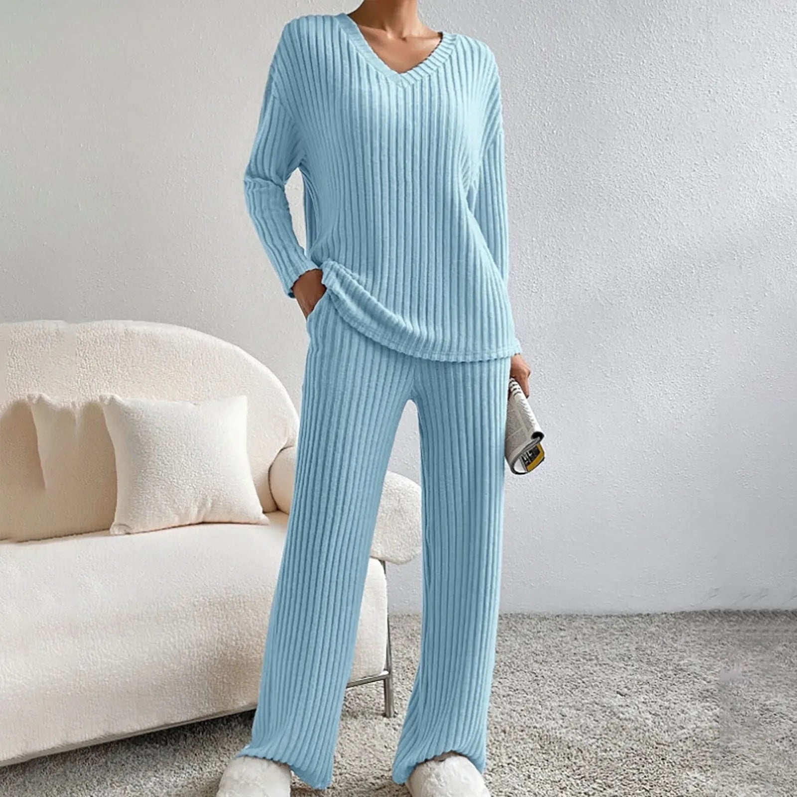 KATHY Ribbed Knitted 2-Piece Loungewear Set – Comfortable Sweater & Pants