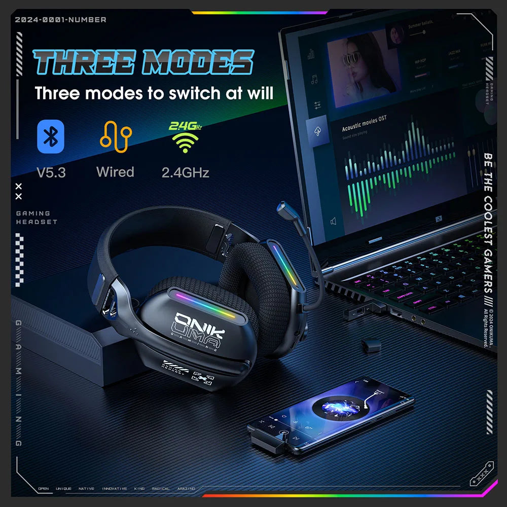 ONIKUMA | Wireless Gaming Headset with Bluetooth, 2.4G & Wired Connectivity