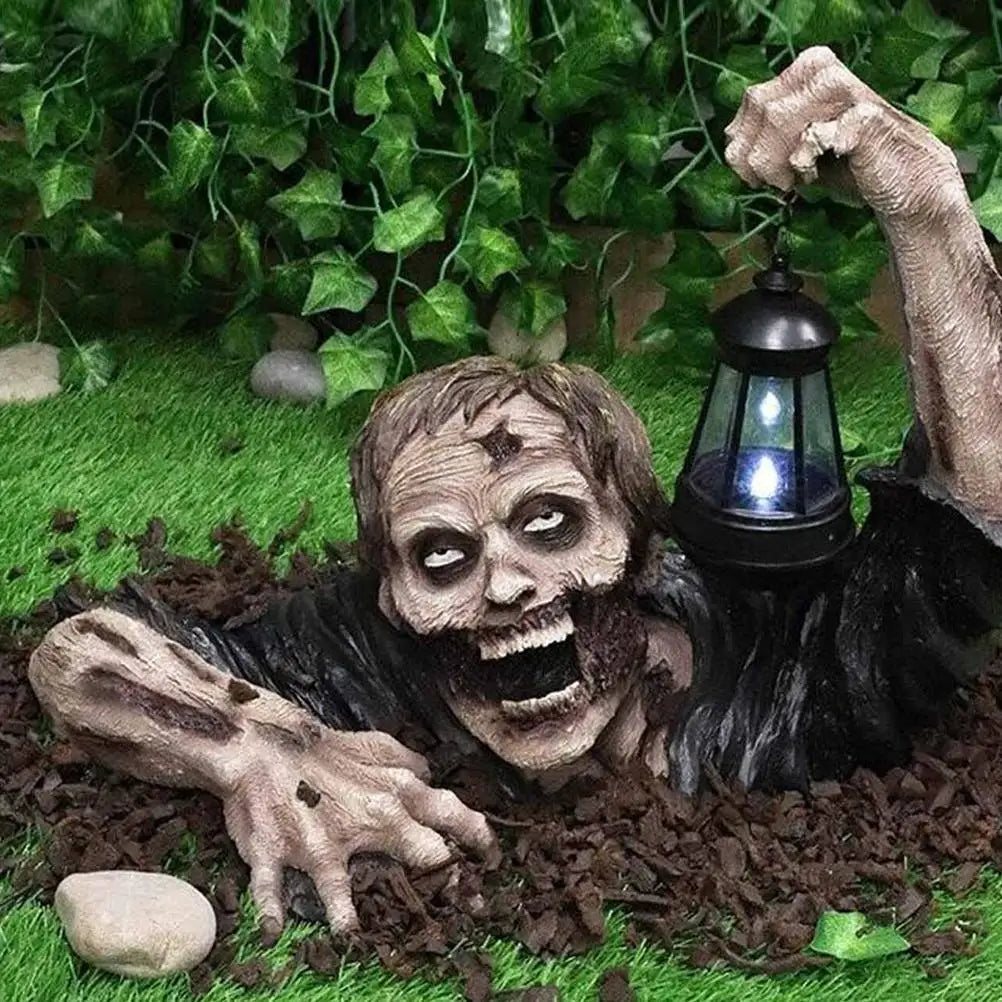 Zombie Garden Statue with Glowing LED Lantern for Spooky Halloween Yard, Patio, and Lawn Decor
