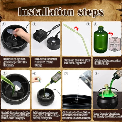 Halloween Witch Cauldron Fog Machine with Green LED Lighting for Haunted House Decorations