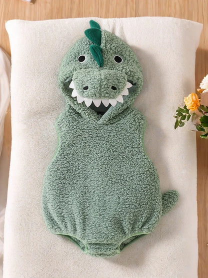Plush Baby Dinosaur Halloween Costume Romper with Hood Sleeveless Design for Kids' Festive Fun