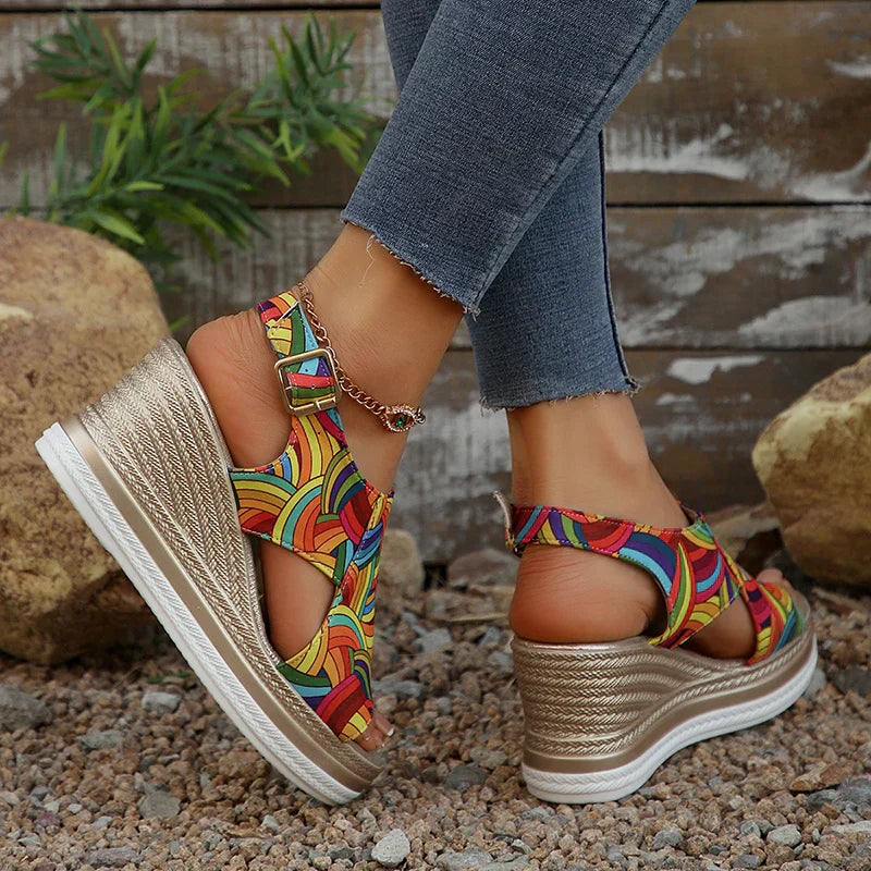 Janeiro Multicolor Adjustable Ankle Strap Wedge Heel Sandals