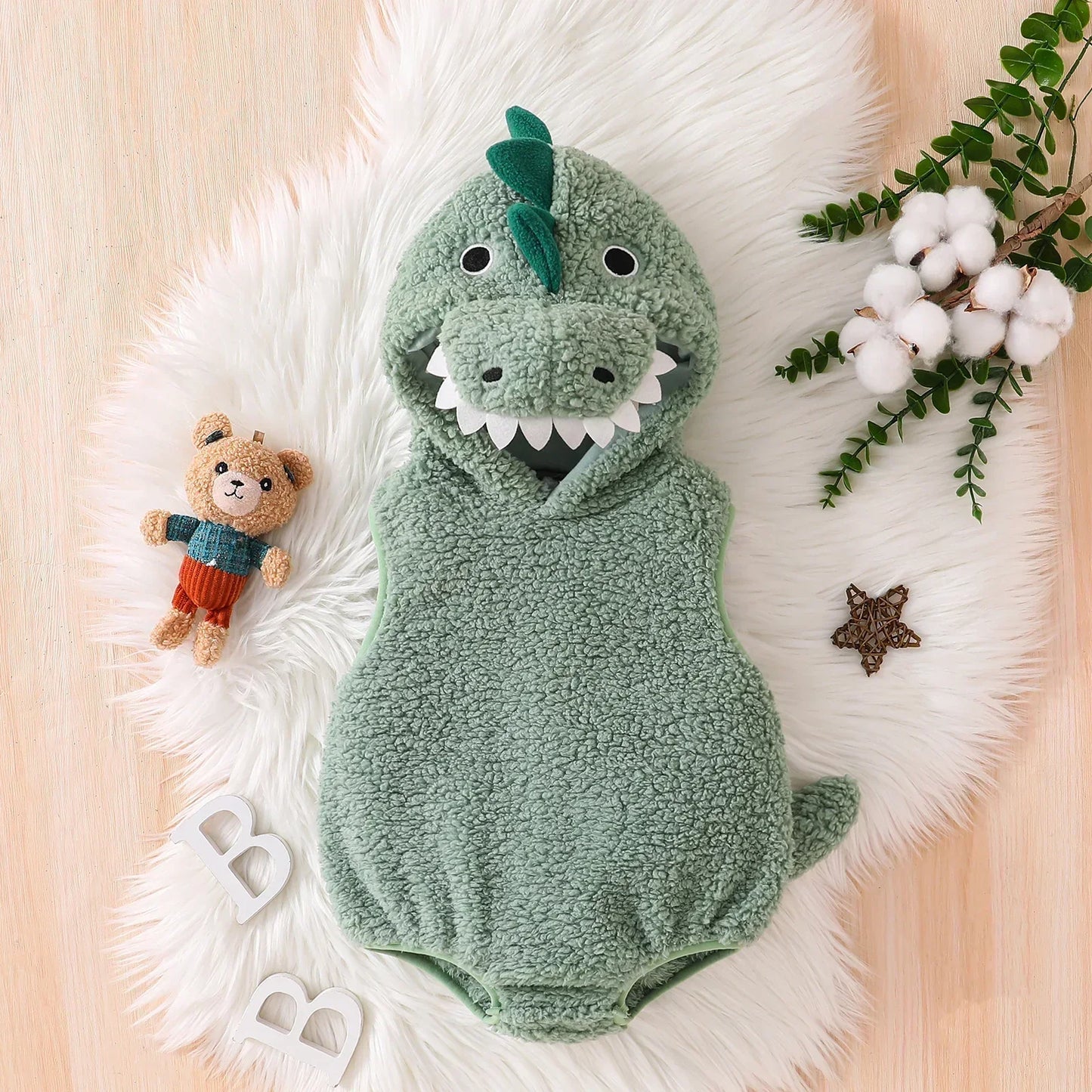Plush Baby Dinosaur Halloween Costume Romper with Hood Sleeveless Design for Kids' Festive Fun