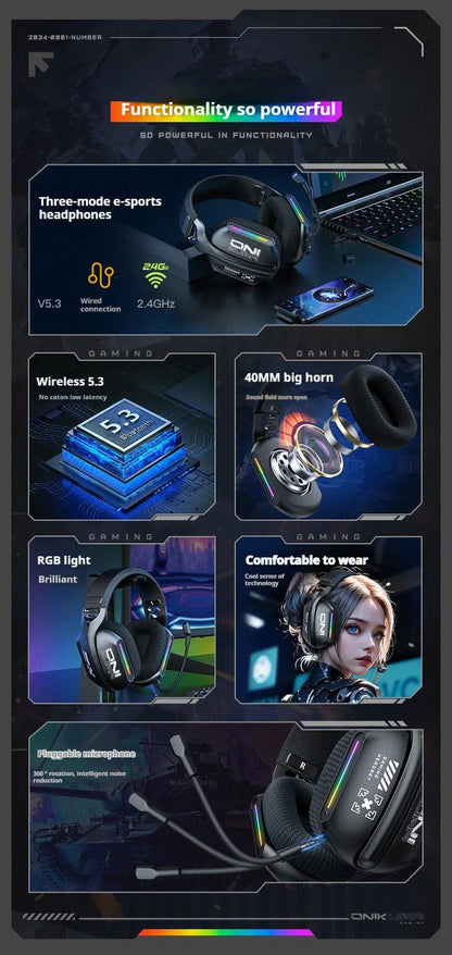 ONIKUMA | Wireless Gaming Headset with Bluetooth, 2.4G & Wired Connectivity
