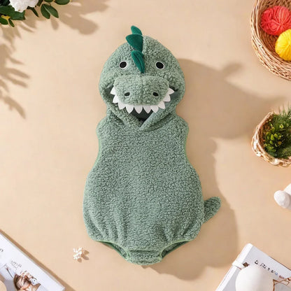 Plush Baby Dinosaur Halloween Costume Romper with Hood Sleeveless Design for Kids' Festive Fun