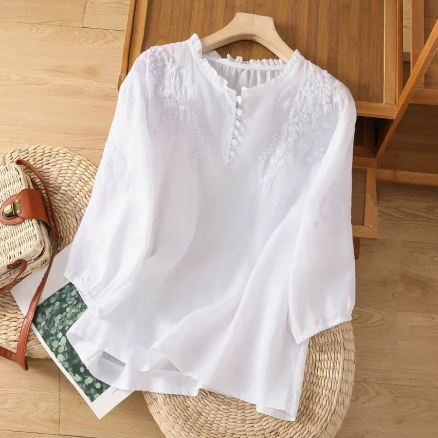 Women's Floral Embroidered Cotton Blend Blouse Button Front – Marielle