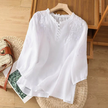Women's Floral Embroidered Cotton Blend Blouse Button Front – Marielle