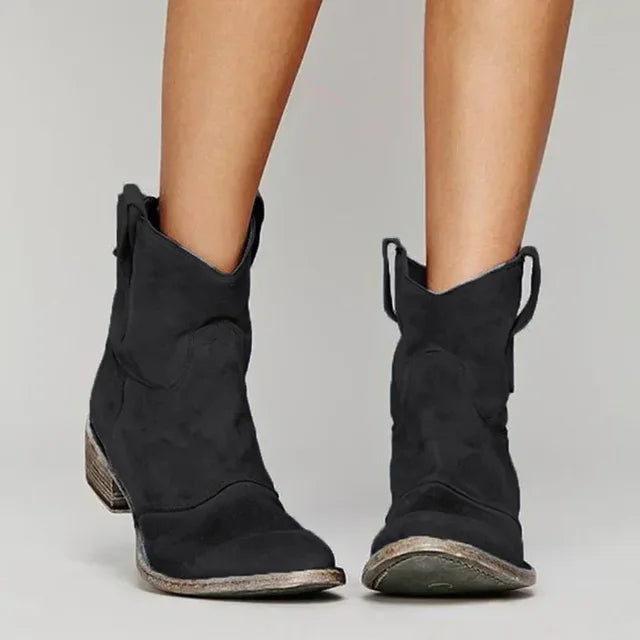 Jane Vintage Women's Cowboy Ankle Boots – Comfortable Low Heel PU Leather Slip-On