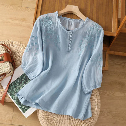 Women's Floral Embroidered Cotton Blend Blouse Button Front – Marielle