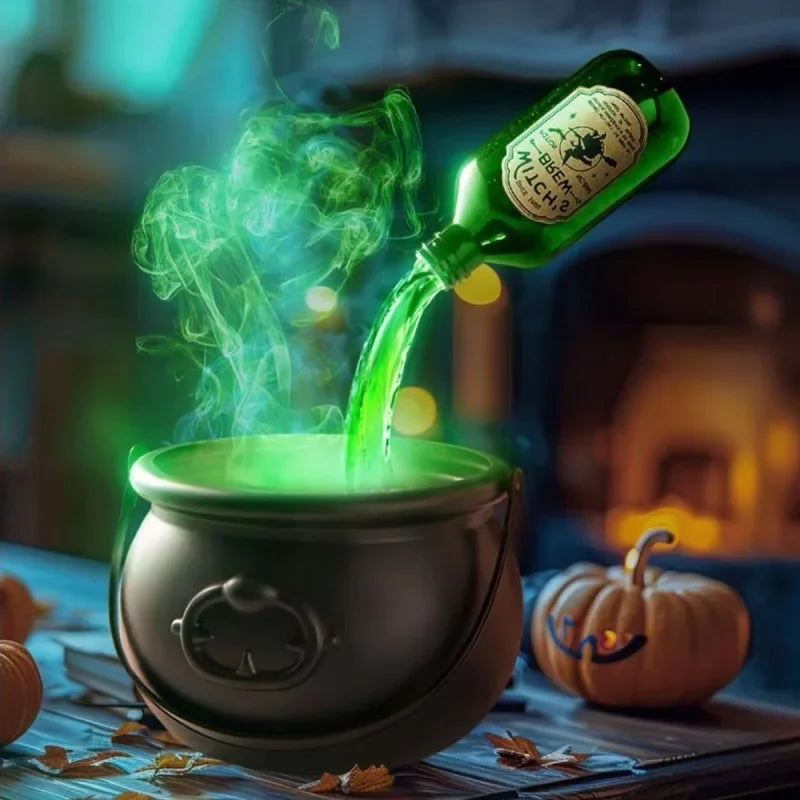 Halloween Witch Cauldron Fog Machine with Green LED Lighting for Haunted House Decorations