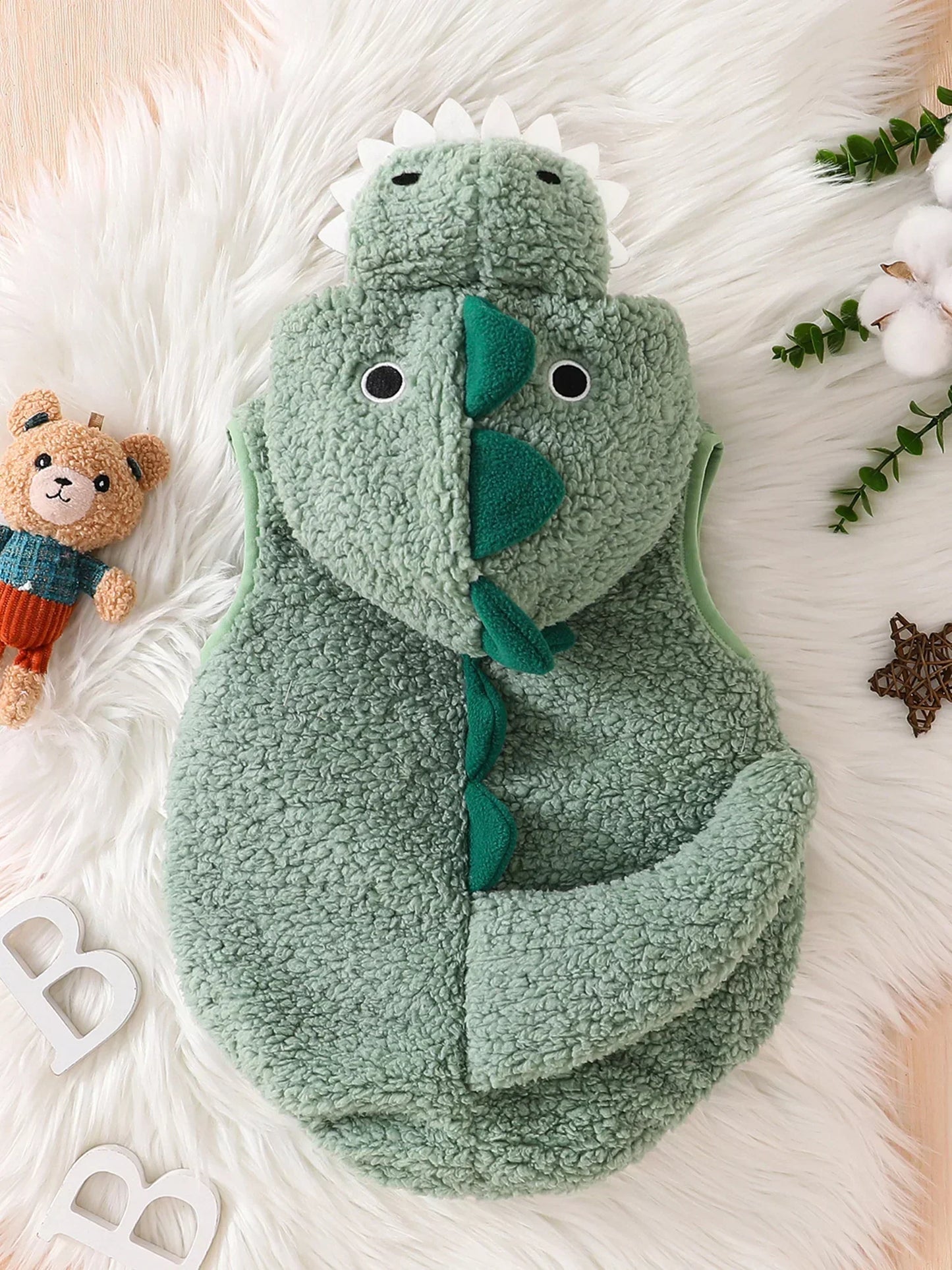Plush Baby Dinosaur Halloween Costume Romper with Hood Sleeveless Design for Kids' Festive Fun