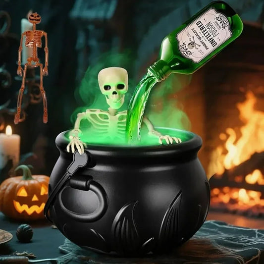 Halloween Witch Cauldron Fog Machine with Green LED Lighting for Haunted House Decorations