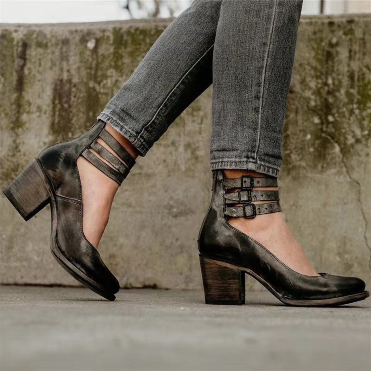 Women's Block Heel Ankle Shoes Faux Leather Buckle Zip Closure – Marlowe