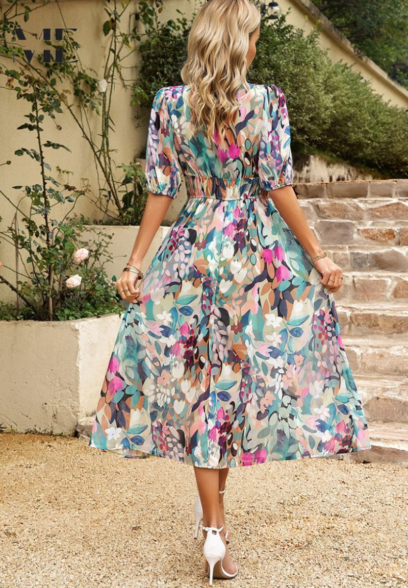 Monica Elegant Floral Midi Dress with Puff Sleeves Lightweight Style