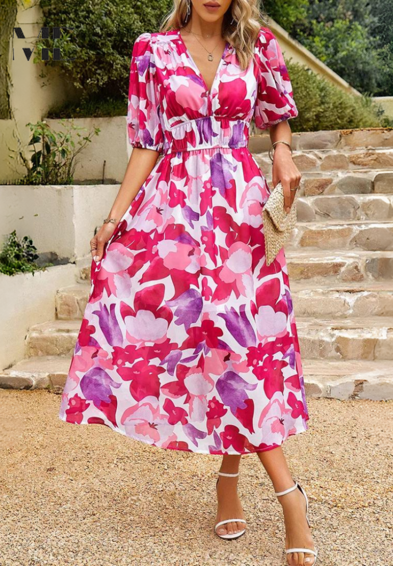 Monica Elegant Floral Midi Dress with Puff Sleeves Lightweight Style