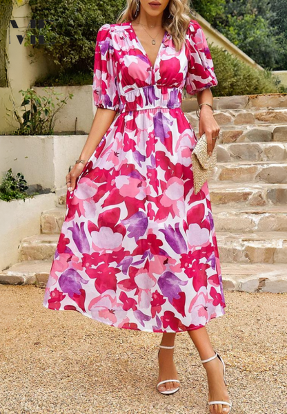 Monica Elegant Floral Midi Dress with Puff Sleeves Lightweight Style