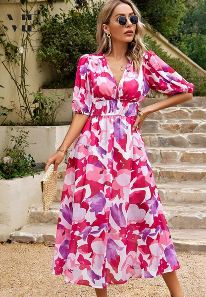 Monica Elegant Floral Midi Dress with Puff Sleeves Lightweight Style