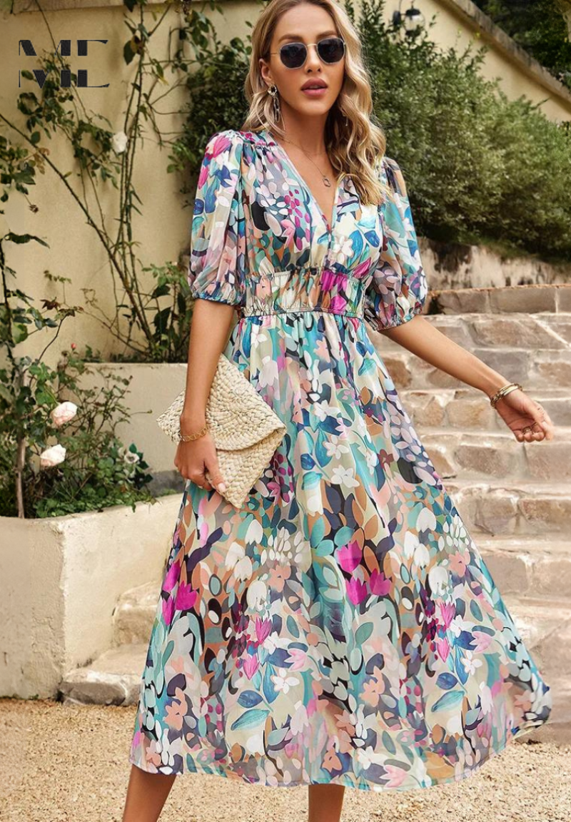 Monica Elegant Floral Midi Dress with Puff Sleeves Lightweight Style