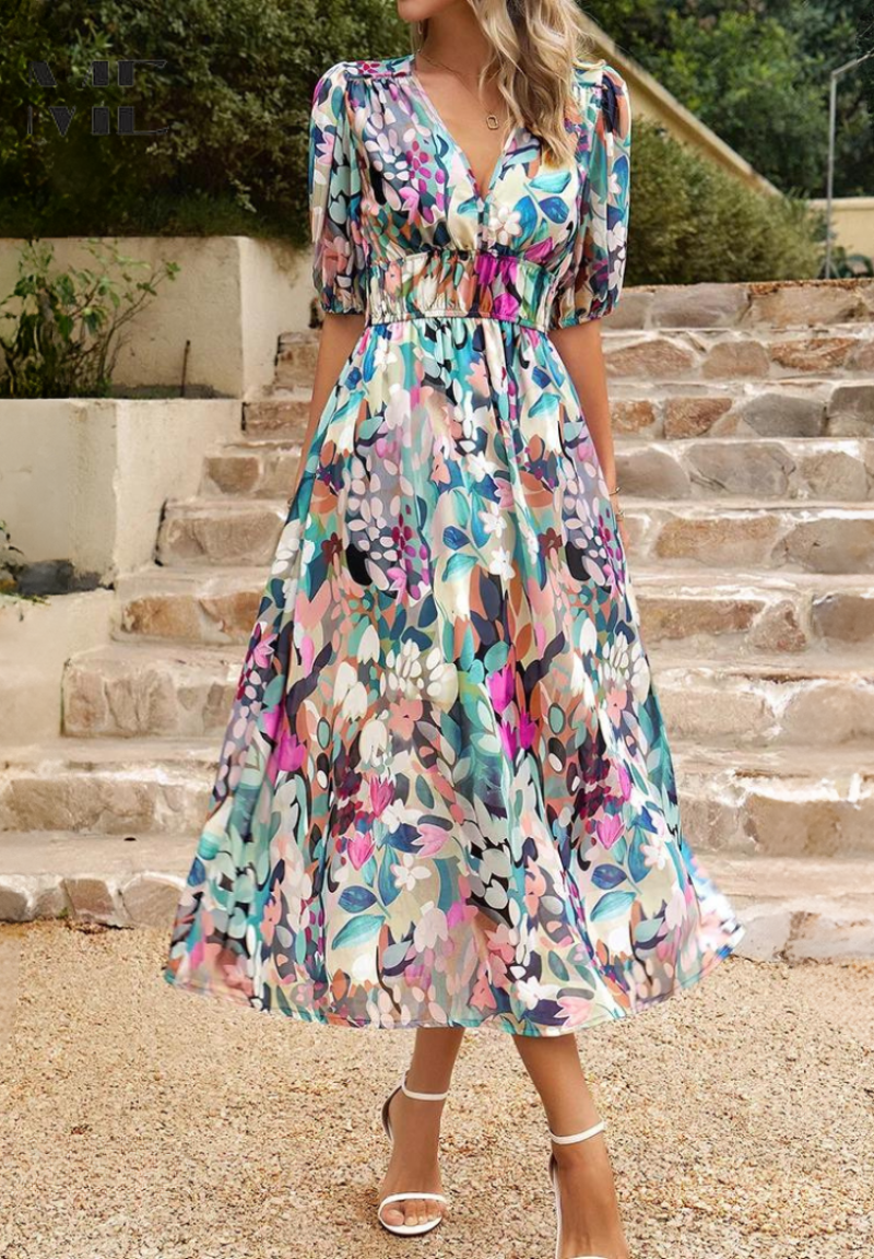 Monica Elegant Floral Midi Dress with Puff Sleeves Lightweight Style