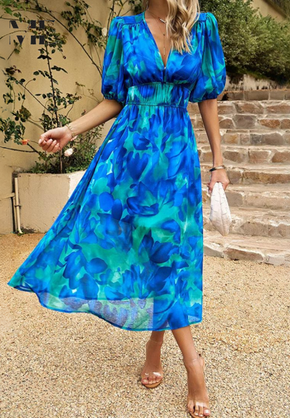 Monica Elegant Floral Midi Dress with Puff Sleeves Lightweight Style