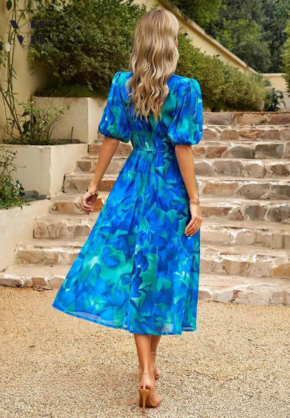 Monica Elegant Floral Midi Dress with Puff Sleeves Lightweight Style
