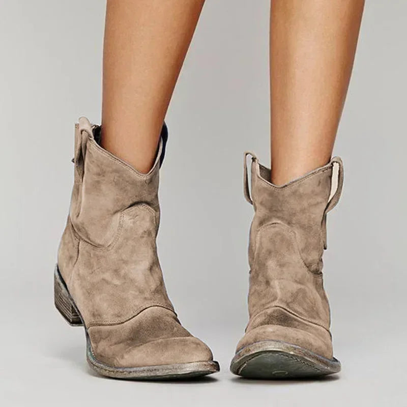 Jane Vintage Women's Cowboy Ankle Boots – Comfortable Low Heel PU Leather Slip-On
