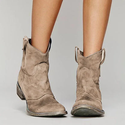 Jane Vintage Women's Cowboy Ankle Boots – Comfortable Low Heel PU Leather Slip-On
