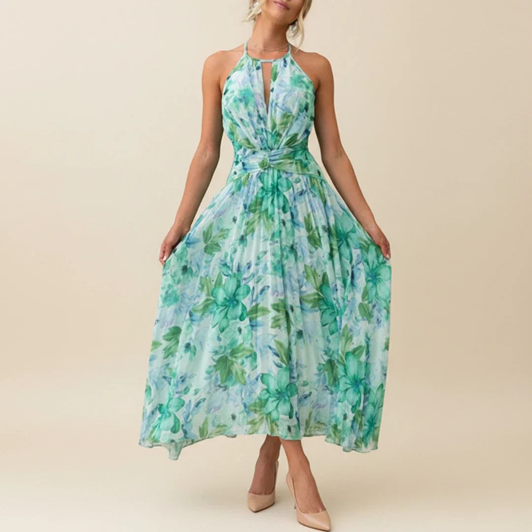 Elegant Floral Halter A Line Maxi Dress