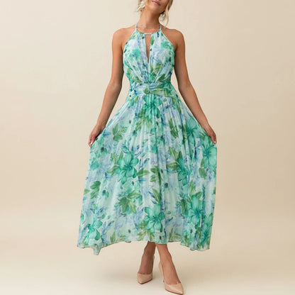 Elegant Floral Halter A Line Maxi Dress