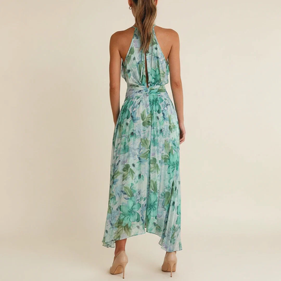 Elegant Floral Halter A Line Maxi Dress