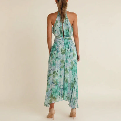 Elegant Floral Halter A Line Maxi Dress