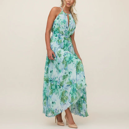 Elegant Floral Halter A Line Maxi Dress