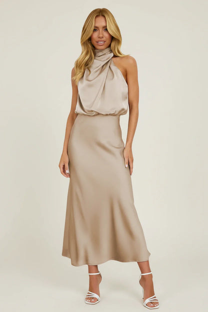 Elegant Satin Halter Midi Dress