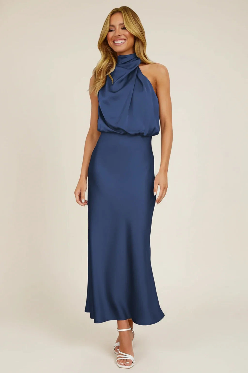 Elegant Satin Halter Midi Dress